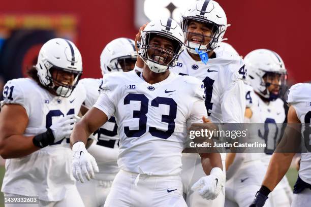 Dani Dennis-Sutton of the Penn State Nittany Lions celebrates after an interception during the second half in the game against the Indiana Hoosiers...