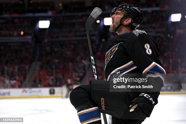 Alex Ovechkin of the Washington Capitals celebrates his goal against the Arizona Coyotes during the second period at Capital One Arena on November...