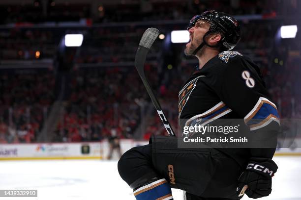 Alex Ovechkin of the Washington Capitals celebrates his goal against the Arizona Coyotes during the second period at Capital One Arena on November...