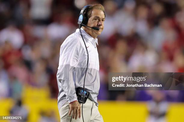 Head coach Nick Saban of the Alabama Crimson Tide reacts during the first half against the LSU Tigers at Tiger Stadium on November 05, 2022 in Baton...