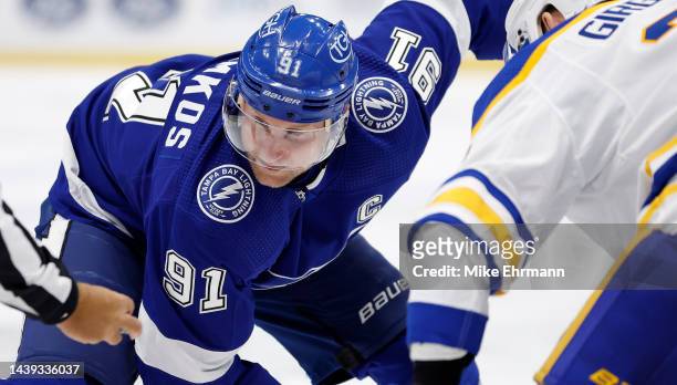 Steven Stamkos of the Tampa Bay Lightning faces off during a game against the Buffalo Sabres at Amalie Arena on November 05, 2022 in Tampa, Florida.