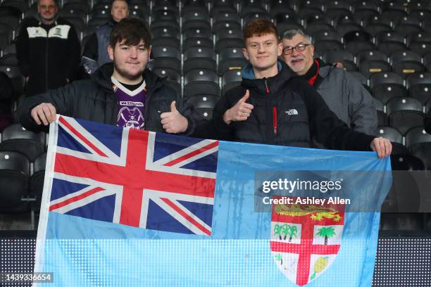 Fiji fans show their support during the Rugby League World Cup Quarter Final match between New Zealand and Fiji at MKM Stadium on November 05, 2022...