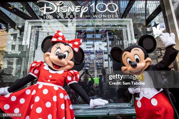 Mini Mouse and Mickey Mouse attends the unveiling of the Myer 2022 Christmas Windows on November 06, 2022 in Melbourne, Australia.