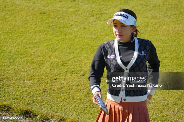 Kana Nagai of Japan reacts after the birdie on the 2nd green during the final round of the TOTO Japan Classic at Seta Golf Course North Course on...