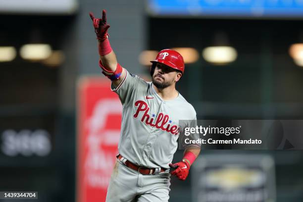 Kyle Schwarber of the Philadelphia Phillies celebrates after hitting a home run against the Houston Astros during the sixth inning in Game Six of the...