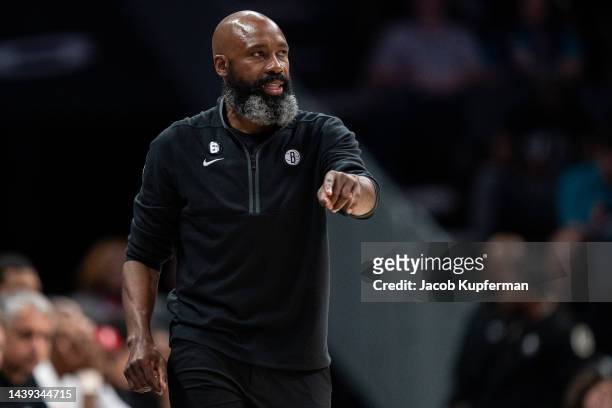 Interim head coach Jacque Vaughn of the Brooklyn Nets looks on in the third quarter during their game against the Charlotte Hornets at Spectrum...