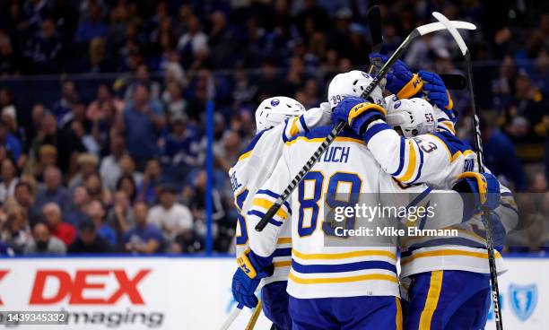 Jeff Skinner of the Buffalo Sabres celebrates a goal on Brian Elliott of the Tampa Bay Lightning during a game at Amalie Arena on November 05, 2022...