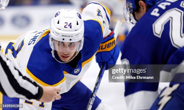 Dylan Cozens of the Buffalo Sabres faces off during a game against the Tampa Bay Lightning at Amalie Arena on November 05, 2022 in Tampa, Florida.