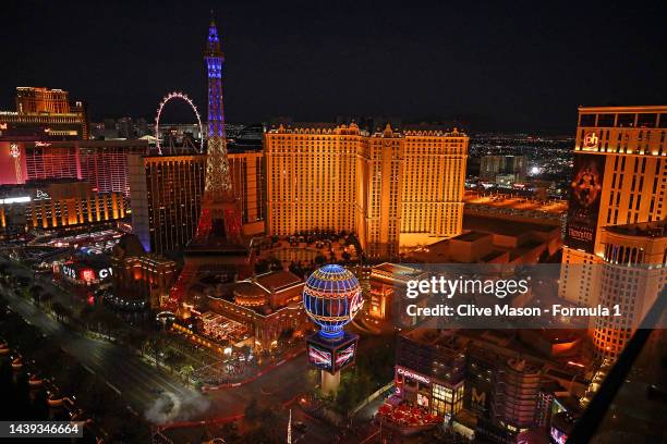 Lewis Hamilton of Great Britain and Mercedes drives on the demonstration course from The Cosmopolitan of Las Vegas during the Formula 1 Las Vegas...