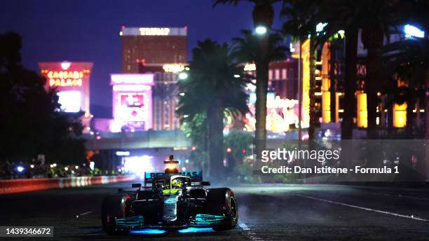 Lewis Hamilton of Great Britain and Mercedes driving on track during the Formula 1 Las Vegas Grand Prix 2023 launch party on November 05, 2022 on the...
