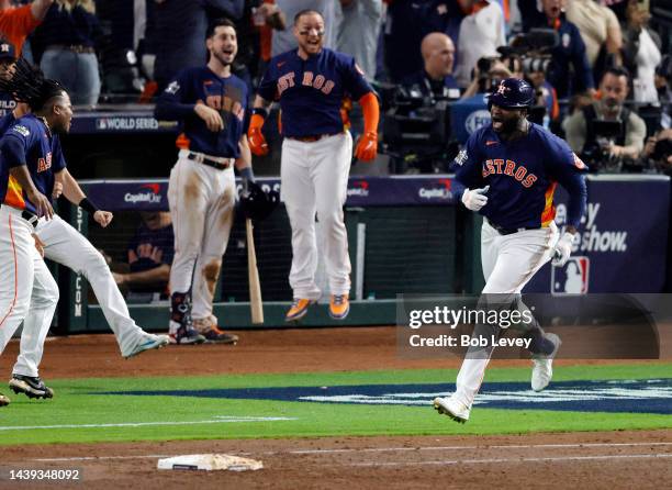 Yordan Alvarez of the Houston Astros hits a three-run home run against the Philadelphia Phillies during the sixth inning in Game Six of the 2022...