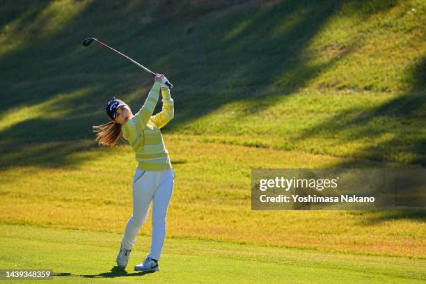 Yuna Nishimura of Japan hits her second shot on the 4th hole during the final round of the TOTO Japan Classic at Seta Golf Course North Course on...