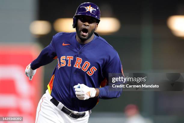 Yordan Alvarez of the Houston Astros rounds the bases after hitting a three-run home run against the Philadelphia Phillies during the sixth inning in...