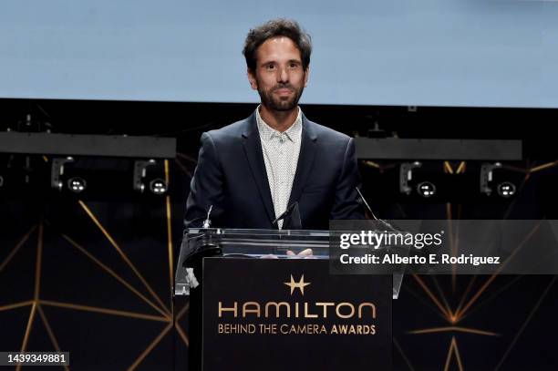 Honoree Guillaume Rocheron accepts the VFX Award onstage during the 12th Hamilton Behind The Camera Awards hosted by Los Angeles Confidential...