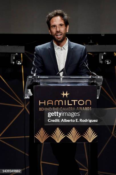 Honoree Guillaume Rocheron accepts the VFX Award onstage during the 12th Hamilton Behind The Camera Awards hosted by Los Angeles Confidential...