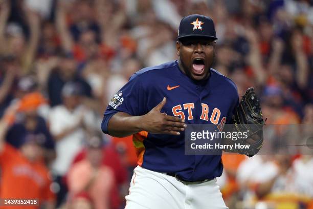 Hector Neris of the Houston Astros reacts after striking out Jean Segura of the Philadelphia Phillies during the seventh inning in Game Six of the...