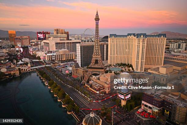 Sergio Perez of Mexico and Red Bull drives on the demonstration course from The Cosmopolitan of Las Vegas during the Formula 1 Las Vegas Grand Prix...