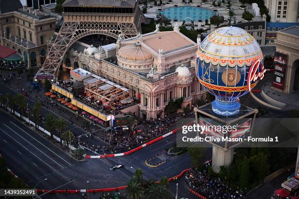 George Russell of Great Britain and Mercedes drives on the demonstration course from The Cosmopolitan of Las Vegas during the Formula 1 Las Vegas...