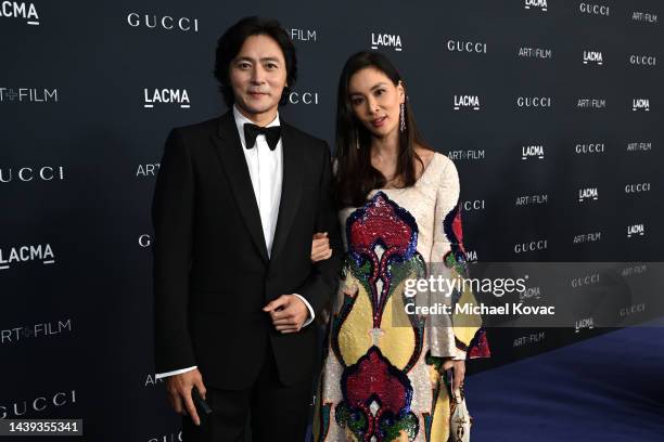 Jang Dong-Gun and So-Young Ko, both wearing Gucci, attend the 2022 LACMA ART+FILM GALA Presented By Gucci at Los Angeles County Museum of Art on...
