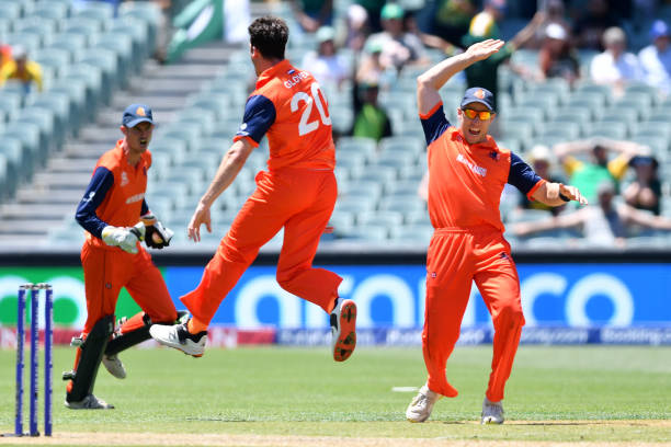 Brandon Glover of the Netherlands celebrates after taking the wicket of s7during the ICC Men's T20 World Cup match between South Africa and...