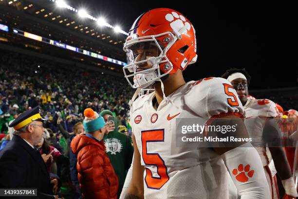 Uiagalelei of the Clemson Tigers leaves the field after losing to the Notre Dame Fighting Irish 35-14 at Notre Dame Stadium on November 05, 2022 in...