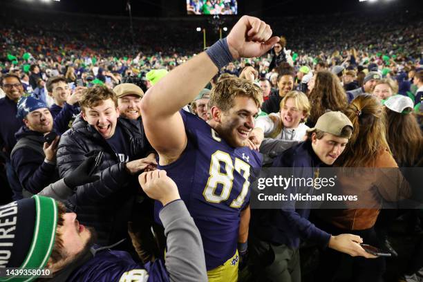 Michael Mayer of the Notre Dame Fighting Irish celebrates with fans who stormed the field after defeating the Clemson Tigers 35-14 at Notre Dame...