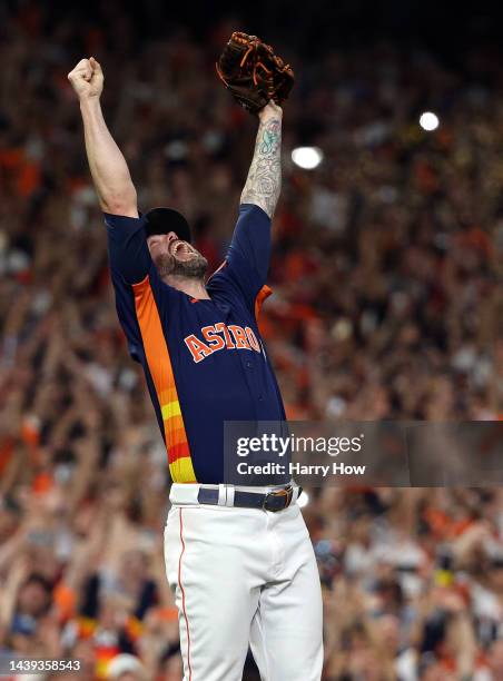 Ryan Pressly of the Houston Astros celebrates after defeating the Philadelphia Phillies 4-1 to win the 2022 World Series in Game Six of the 2022...