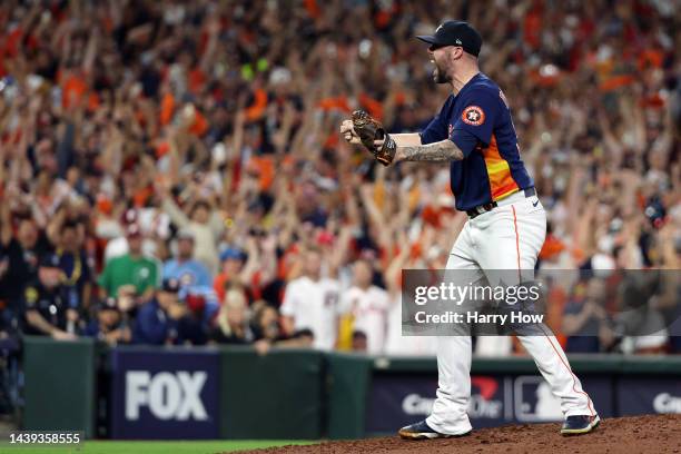 Ryan Pressly of the Houston Astros celebrates after defeating the Philadelphia Phillies 4-1 to win the 2022 World Series in Game Six of the 2022...