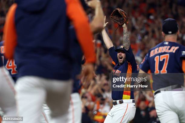 Ryan Pressly of the Houston Astros celebrates after defeating the Philadelphia Phillies 4-1 to win the 2022 World Series in Game Six of the 2022...