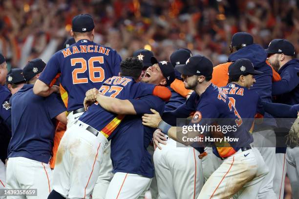 Jose Altuve of the Houston Astros celebrates after defeating the Philadelphia Phillies 4-1 to win the 2022 World Series in Game Six of the 2022 World...