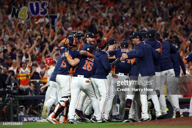 The Houston Astros celebrate after defeating the Philadelphia Phillies 4-1 to win the 2022 World Series in Game Six of the 2022 World Series at...