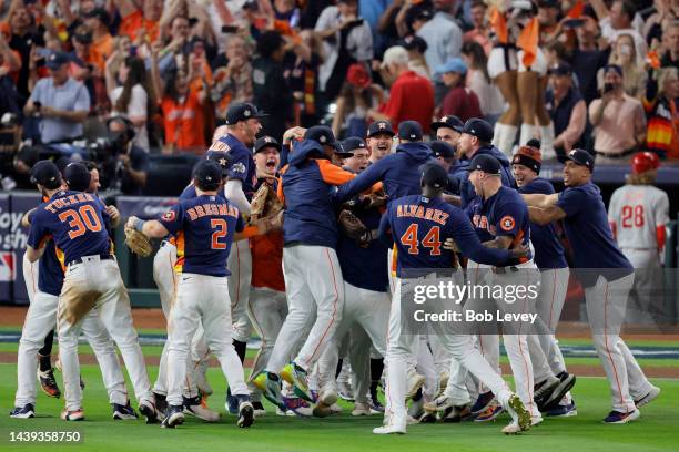 The Houston Astros celebrate after defeating the Philadelphia Phillies 4-1 to win the 2022 World Series in Game Six of the 2022 World Series at...