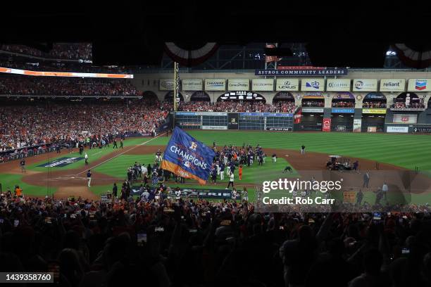 The Houston Astros celebrate after defeating the Philadelphia Phillies 4-1 to win the 2022 World Series in Game Six of the 2022 World Series at...