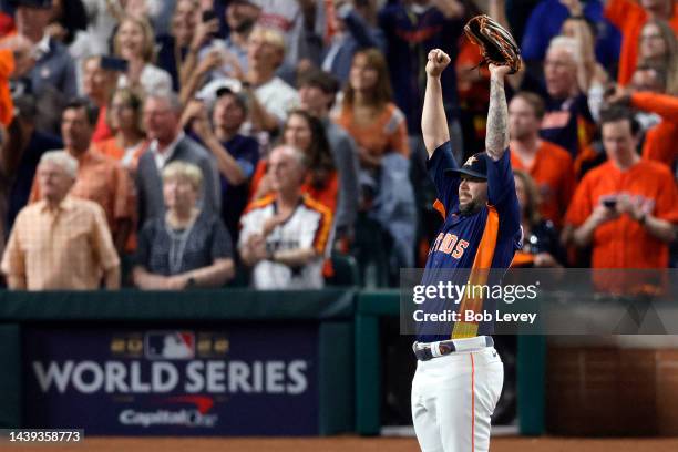 Ryan Pressly of the Houston Astros celebrates after defeating the Philadelphia Phillies 4-1 to win the 2022 World Series in Game Six of the 2022...