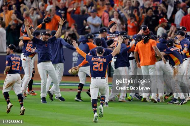 Chas McCormick of the Houston Astros celebrate after defeating the Philadelphia Phillies 4-1 to win the 2022 World Series in Game Six of the 2022...