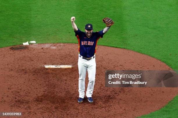 Ryan Pressly of the Houston Astros celebrates after defeating the Philadelphia Phillies 4-1 to win the 2022 World Series in Game Six of the 2022...