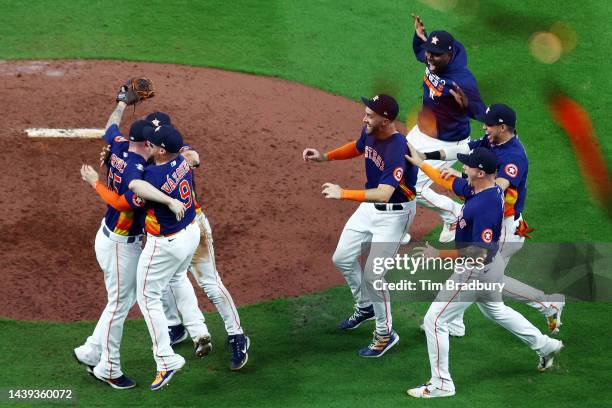 The Houston Astros celebrate after defeating the Philadelphia Phillies 4-1 to win the 2022 World Series in Game Six of the 2022 World Series at...