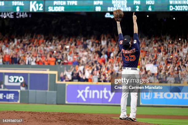 Ryan Pressly of the Houston Astros celebrates after defeating the Philadelphia Phillies 4-1 to win the 2022 World Series in Game Six of the 2022...