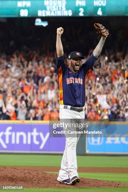 Ryan Pressly of the Houston Astros celebrates after defeating the Philadelphia Phillies 4-1 to win the 2022 World Series in Game Six of the 2022...