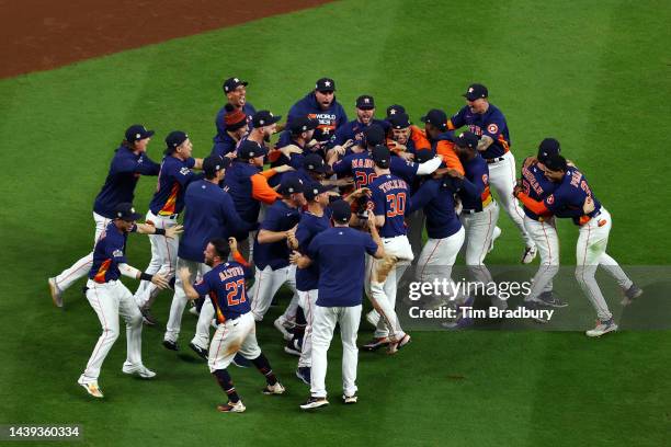 The Houston Astros celebrate after defeating the Philadelphia Phillies 4-1 to win the 2022 World Series in Game Six of the 2022 World Series at...