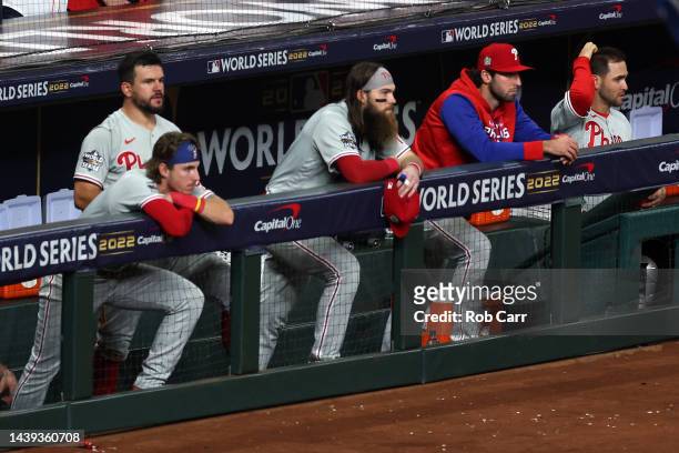 The Philadelphia Phillies reacts after losing to the Houston Astros 4-1 in the 2022 World Series in Game Six of the 2022 World Series at Minute Maid...