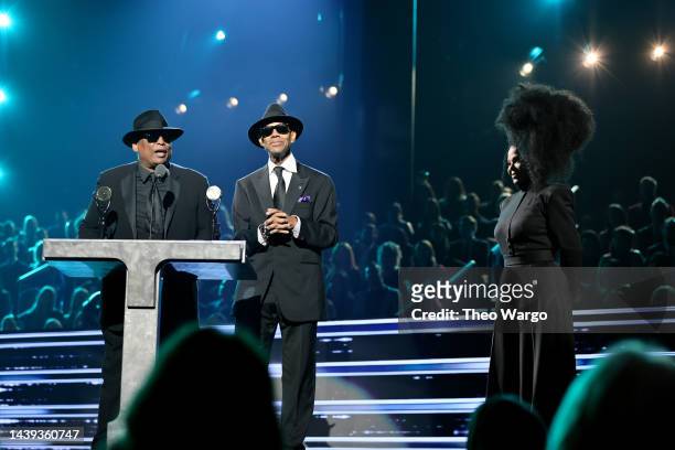 Inductees Jimmy Jam and Terry Lewis speak onstage during the 37th Annual Rock & Roll Hall of Fame Induction Ceremony at Microsoft Theater on November...