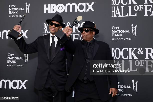 Jimmy Jam and Terry Lewis pose in the press room during the 37th Annual Rock & Roll Hall of Fame Induction Ceremony at Microsoft Theater on November...