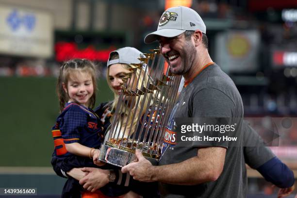 Justin Verlander of the Houston Astros celebrates after defeating the Philadelphia Phillies 4-1 to win the 2022 World Series in Game Six of the 2022...