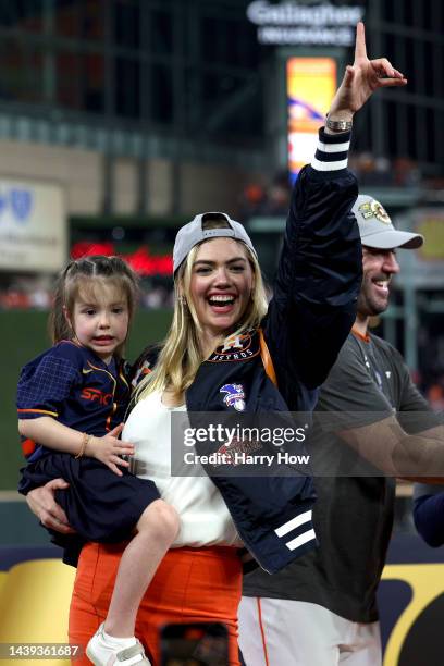 Kate Upton celebrates after the Houston Astros defeated the Philadelphia Phillies 4-1 to win the 2022 World Series in Game Six of the 2022 World...