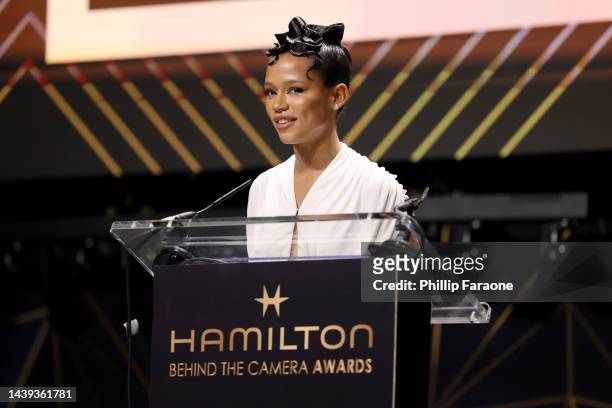 Taylor Russell presents the Director Award onstage during the 12th Hamilton Behind The Camera Awards hosted by Los Angeles Confidential Magazine, The...
