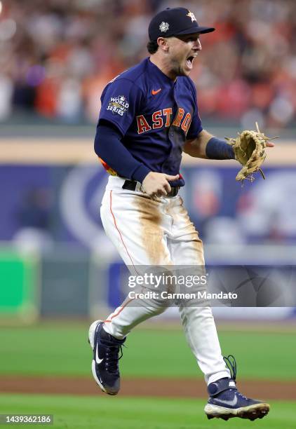 Alex Bregman of the Houston Astros celebrates after the last out to defeat the Philadelphia Phillies 4-1 in in Game Six of the 2022 World Series at...