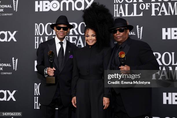 Jimmy Jam, Janet Jackson and Terry Lewis pose in the press room during the 37th Annual Rock & Roll Hall of Fame Induction Ceremony at Microsoft...