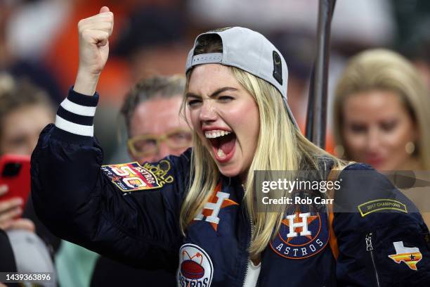 Kate Upton celebrates after the Houston Astros defeat the Philadelphia Phillies 4-1 to win the 2022 World Series in Game Six of the 2022 World Series...