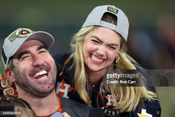 Justin Verlander of the Houston Astros and wife Kate Upton celebrate after defeating the Philadelphia Phillies 4-1 to win the 2022 World Series in...